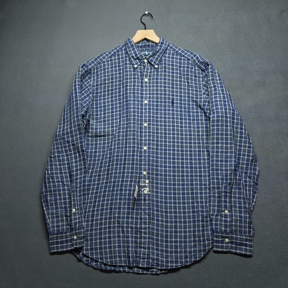 Polo Ralph Lauren Shirt Mens Large Linen Casual Button Up Blue Plaid Long Sleeve
